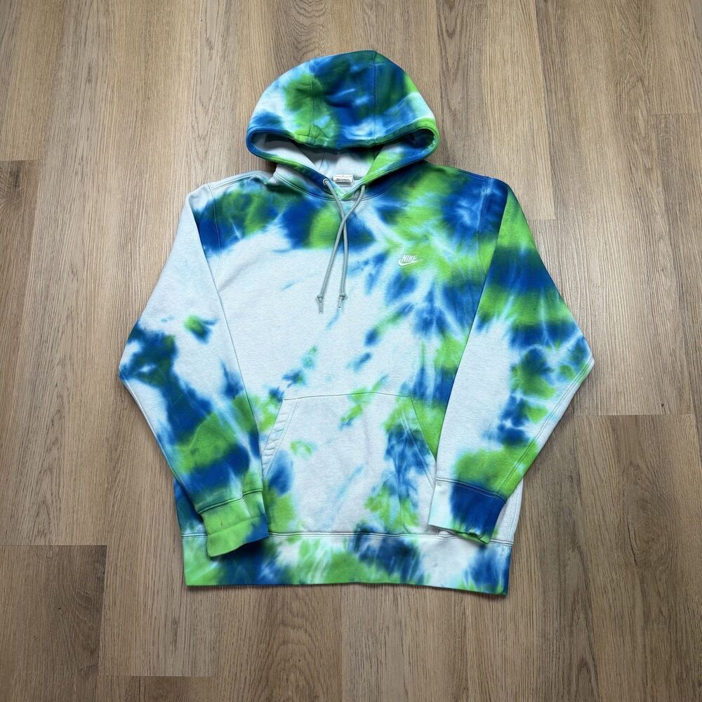 Nike Hoodie Mens Large Blue Green Tie Dye Fleece Swoosh Pullover Kangaroo Pocket